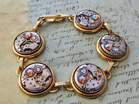 Steampunk Jewelry Bracelet - In the Works - Steampunk watch parts bracelet - Charm Bracelet