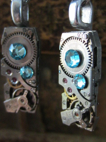 Steampunk - Aque Marine - Steampunk Earrings - Repurposed art
