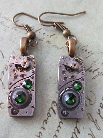 Steampunk - Emerald  - Steampunk Earrings - Repurposed art