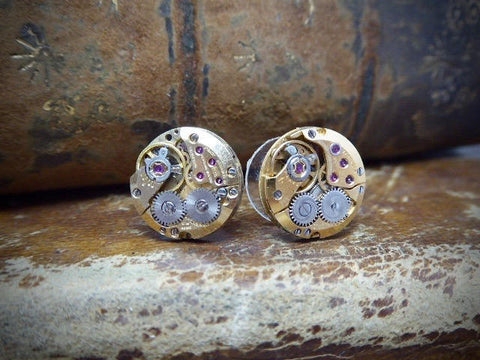 Steampunk Stud Earrings with Gold Mechanical Watch Movement, Steampunk Earrings , Steampunk jewelry