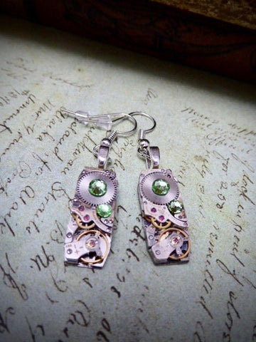 Steampunk Earrings - Watch movement jewelry - Peridot - Recycled - unique - one of a kind