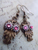 Steampunk owl earring - Steampunk earrings - Owls - Fuschia swarovski crystals