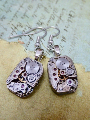 Jeweled Watch movement earrings  - Steampunk Earrings - Watch Movements -  Repurposed art
