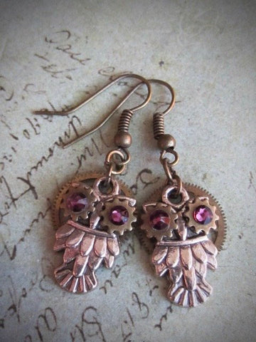 Steampunk owl earring , Steampunk earrings , Owls , Amethyst Birthstone
