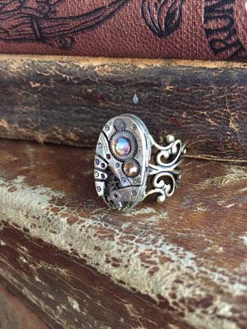 Back in time XI- Steampunk Ring - Repurposed recycled beautiful timepiece watch movement ring sapphire topaz