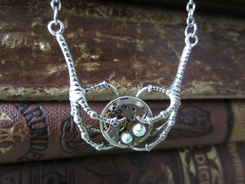 Silver claw pendant - Steampunk Jewelry - Unique jewelry for kids - Claw holding Vintage watch movements
