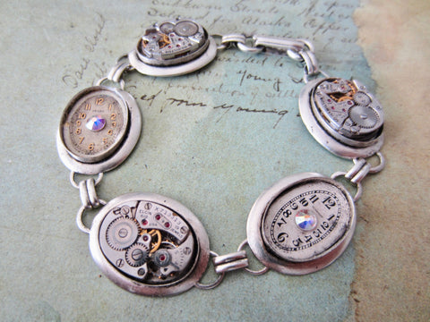 Silver Bracelet - One of a kind - Steampunk Jewelry - In the Works - Steampunk watch parts charm bracelet for her