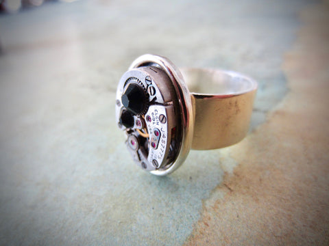 Steampunk Ring - Onyx Ring  - Unisex - Watch Movement Ring - Antique Silver - Adjustable Victorian Ring