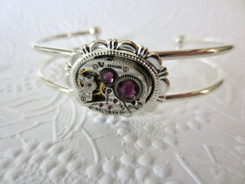 Amethyst and Silver Bracelet , Cuff , Steampunk , Hamilton watch movement , February birthstone , Gift for her , mothers day gift