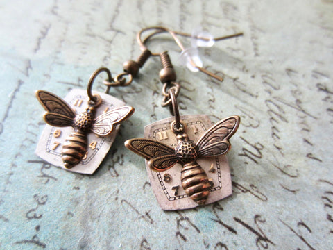 Steampunk Earrings with vintage Watch Dials, Faces Steampunk Earrings , Steampunk jewelry Bees  Birthday gift bee charms