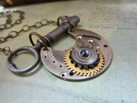 Steampunk Pendant - Time Keyper - Steampunk Necklace - Steampunk jewelry handmade real vintage skeleton key and pocket watch parts