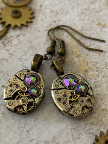 Steampunk Drop Earrings with Mechanical Watch Movement, Steampunk Earrings, Bulova jewelry with Borealis Swarovski crystals Gift for her