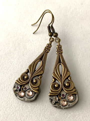 Earrings vintage watch movement art nouveau style earrings dangle drop light Topaz with real Swarovski crystals steampunk jewelry