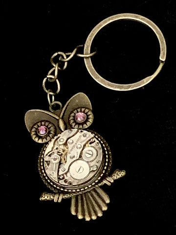 Steampunk Owl Key Chain - gift for owl lover - Repurposed watch parts