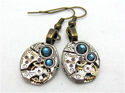 Steampunk Earrings - Deep Blue - Unique - One of a kind - Great for stocking stuffer or birthday gift