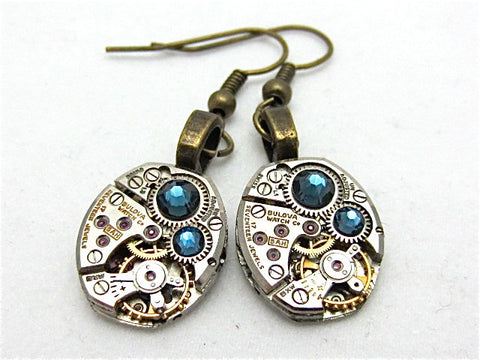 Deep Blue  - Steampunk Earrings - Unique - One of a kind - Great for stocking stuffer or birthday gift