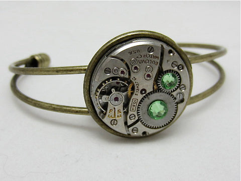 Steampunk Bracelet - In the Works - Steampunk watch parts cuff - bracelet - Peridot